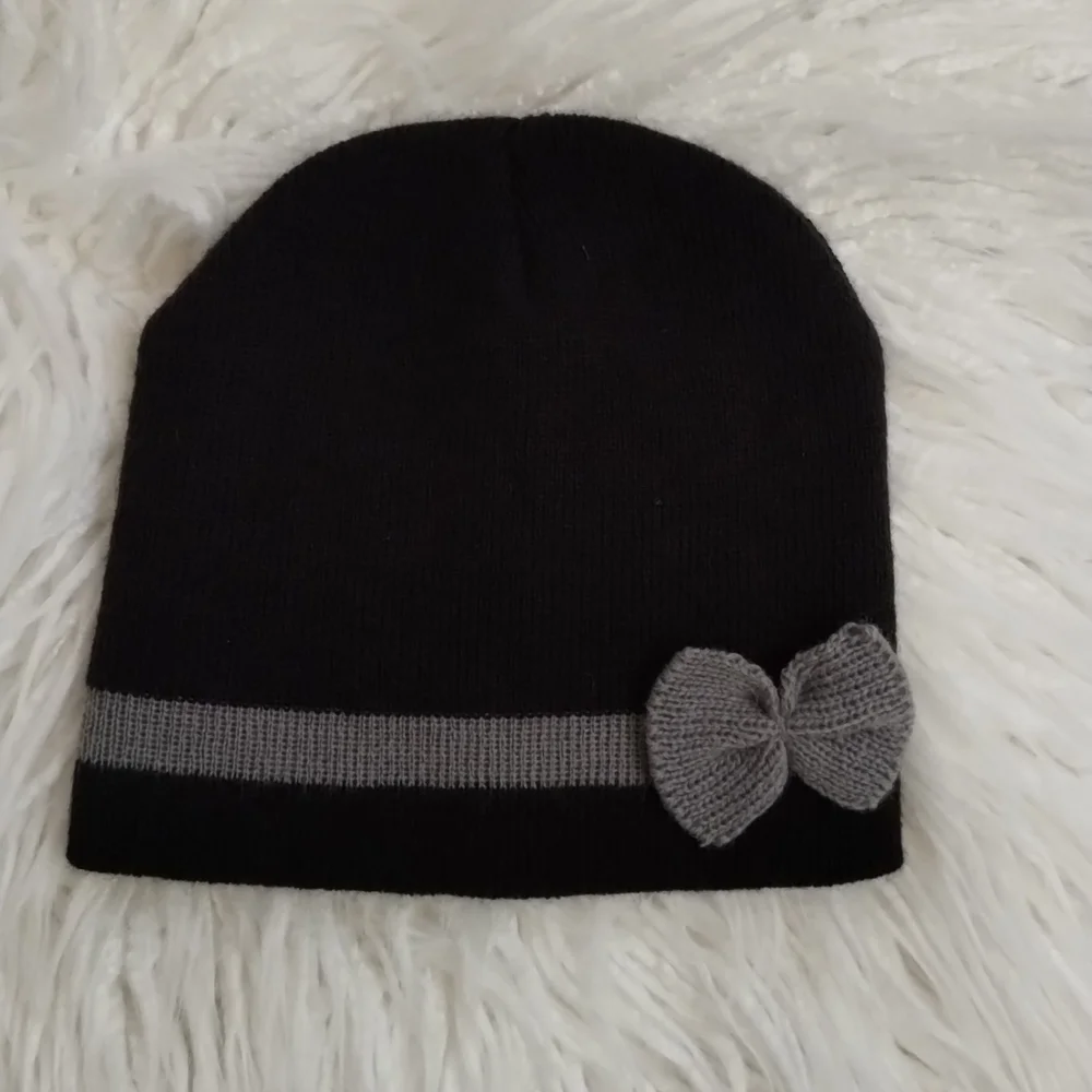 Girls Black & Gray Knit Stripe Beanie Hat with Bow Accent, One Size